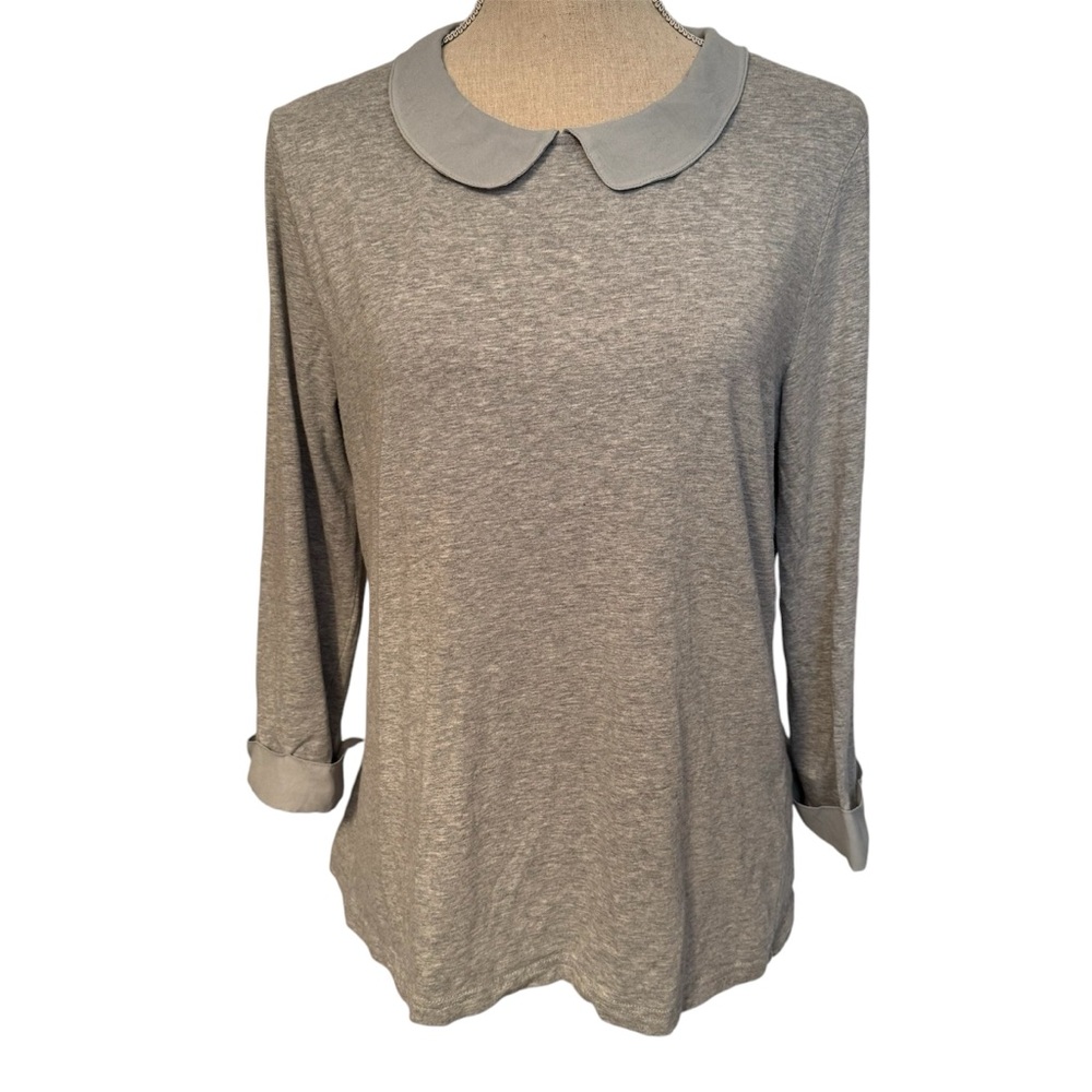 GARNET HILL TOP TEE GRAY 3/4 SLEEVE CONTRAST COLLAR & CUFFS SIZE L